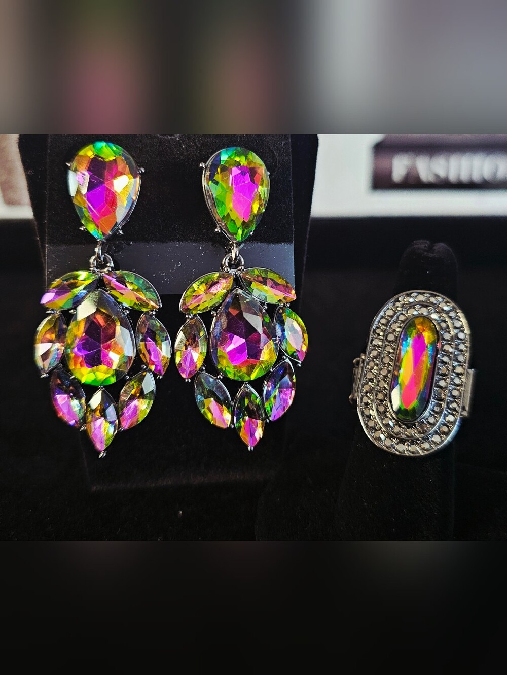 Multicolor Teardrop Crystal Chandelier Earrings and Ring Set
